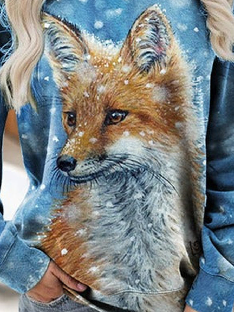 Casual Snowflake Fox Print Loose Sweatshirt