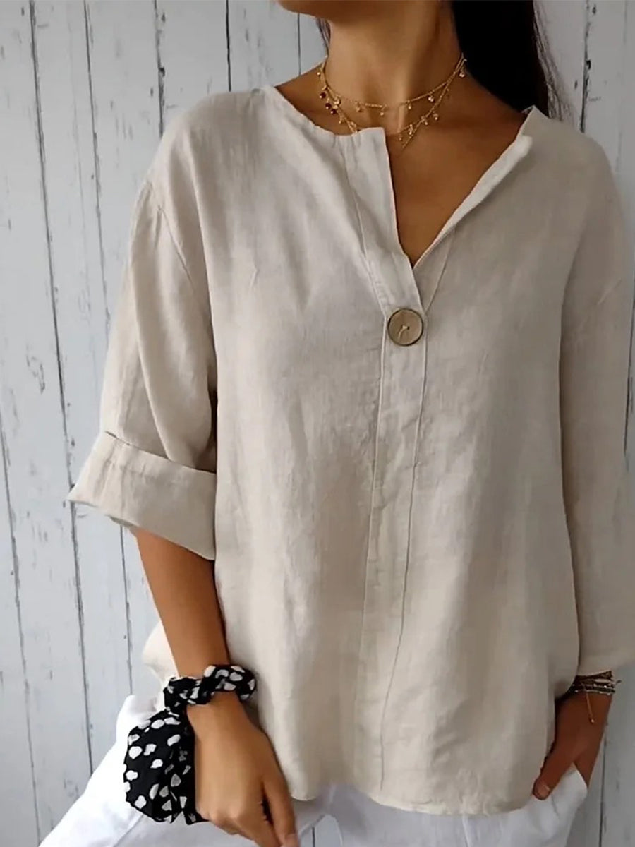 Solid Buttoned V-Neck Short Sleeve Top
