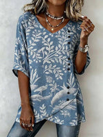 Vintage Leaf Print V-neck Half Sleeve Blouse