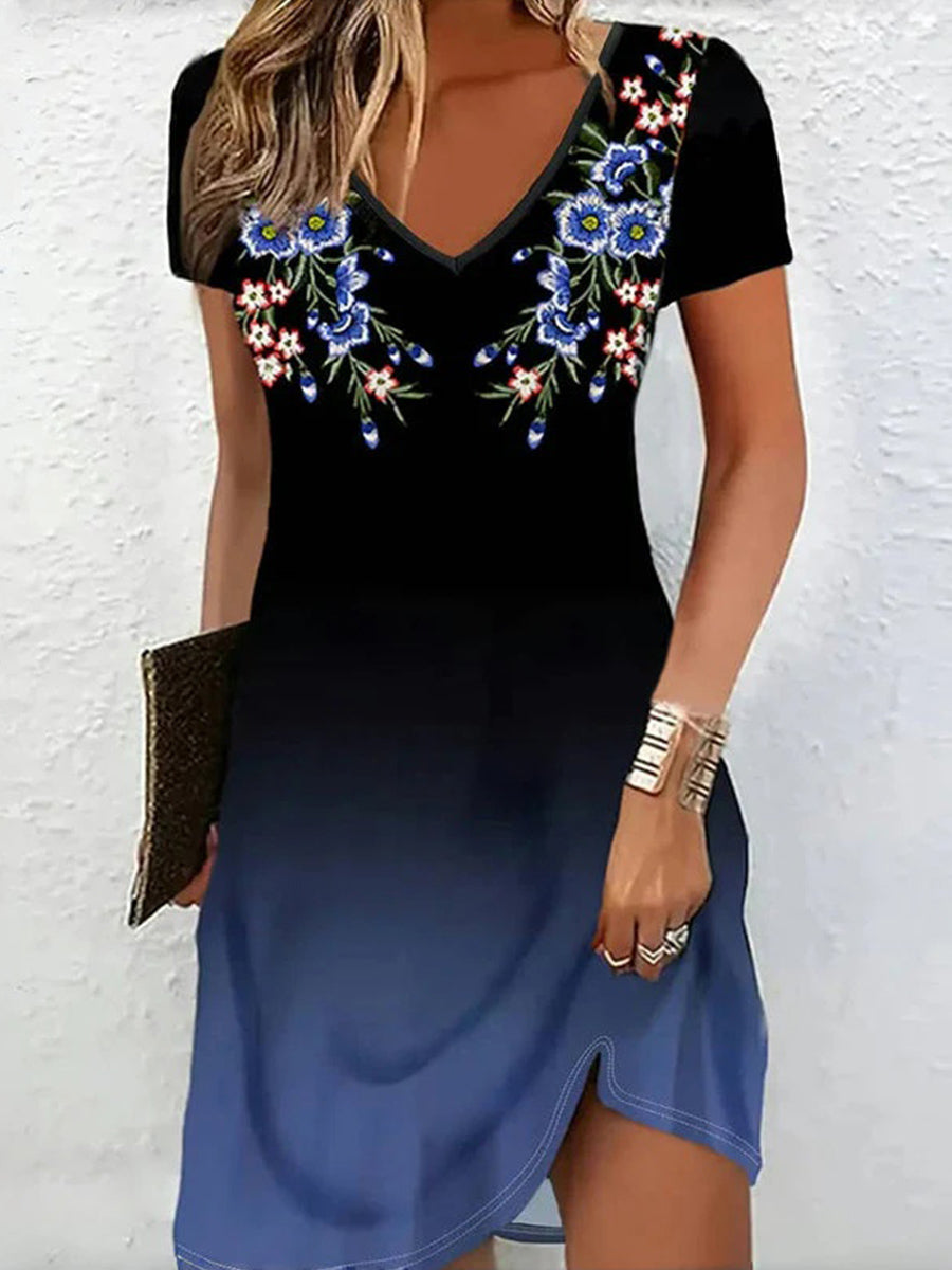 Vintage Floral Print V-neck Short Sleeve Dress