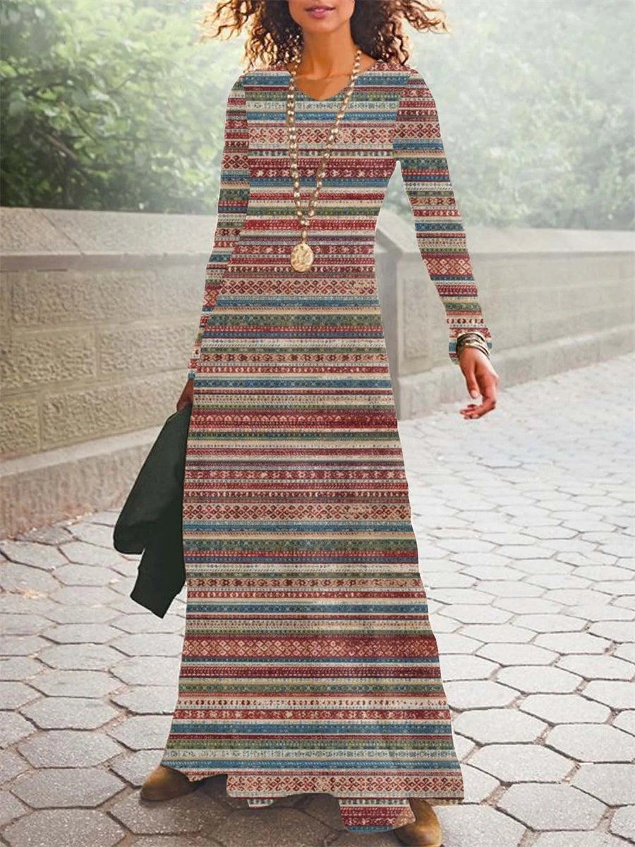 Casual Striped V Neck Long Sleeve Maxi Dress