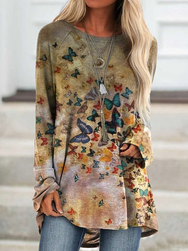 Deep Khaki Casual Graphic Tops Round Neck Long Sleeve Butterfly Printed Sweatshirt
