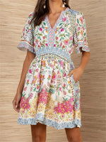 Multicolor Floral Print V-Neck Short Sleeve Smocked Waist Dress