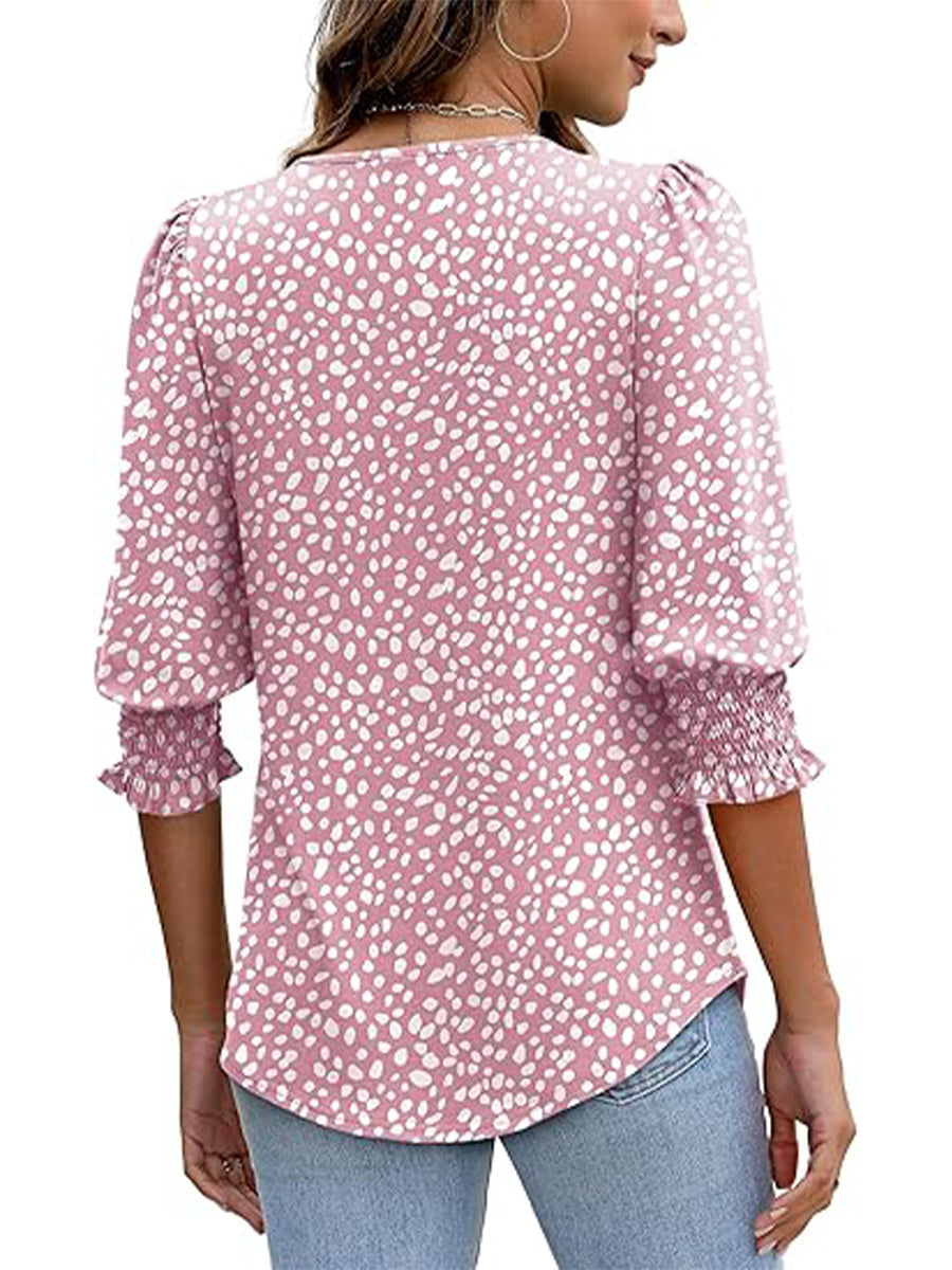 Casual Round Neck 3/4 Sleeve Polka Dot Printed Pink Blouse