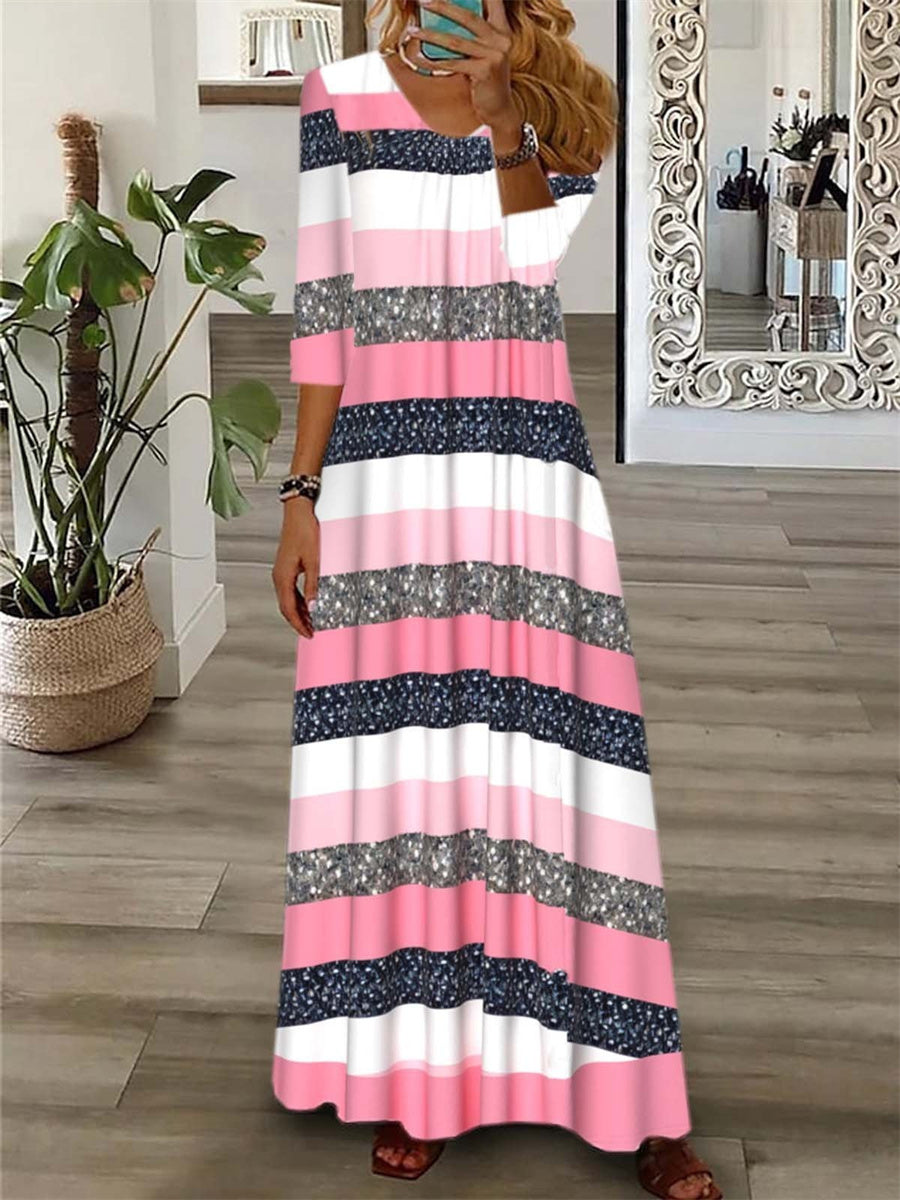 Color Block V Neck Long Sleeve Maxi Dress