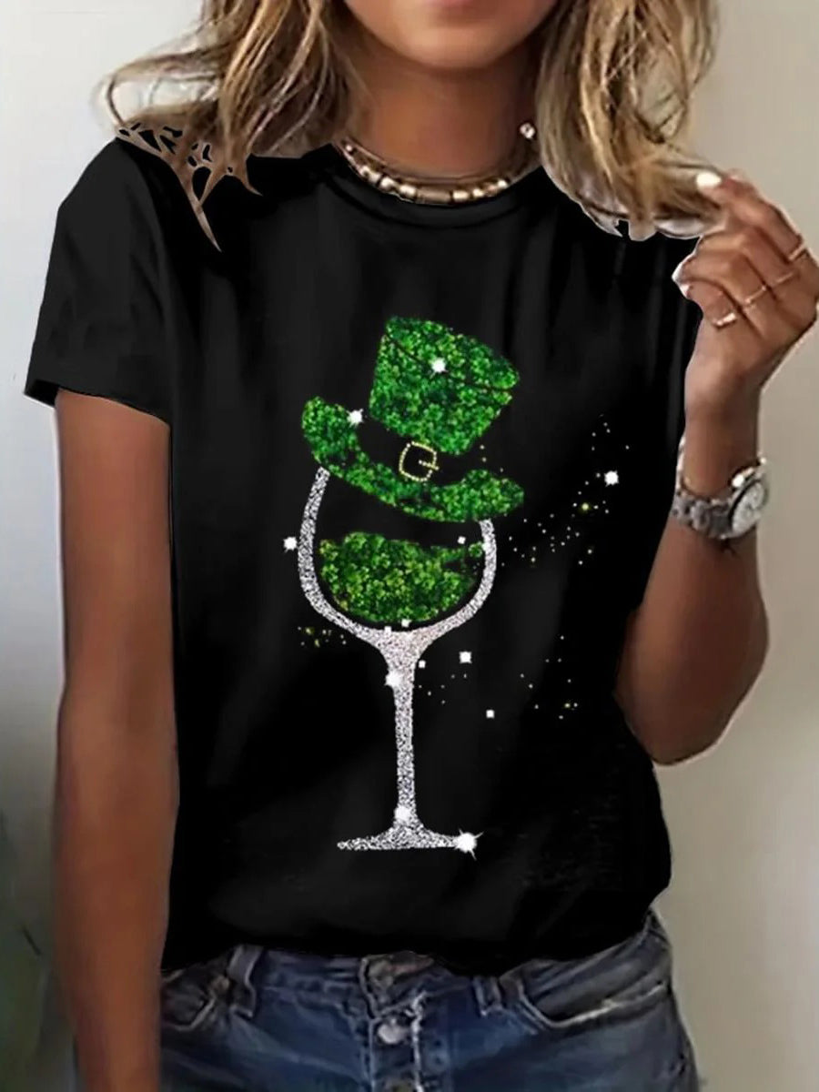 Wine Glasses Print Round Neck Short Sleeve Black T-shirt