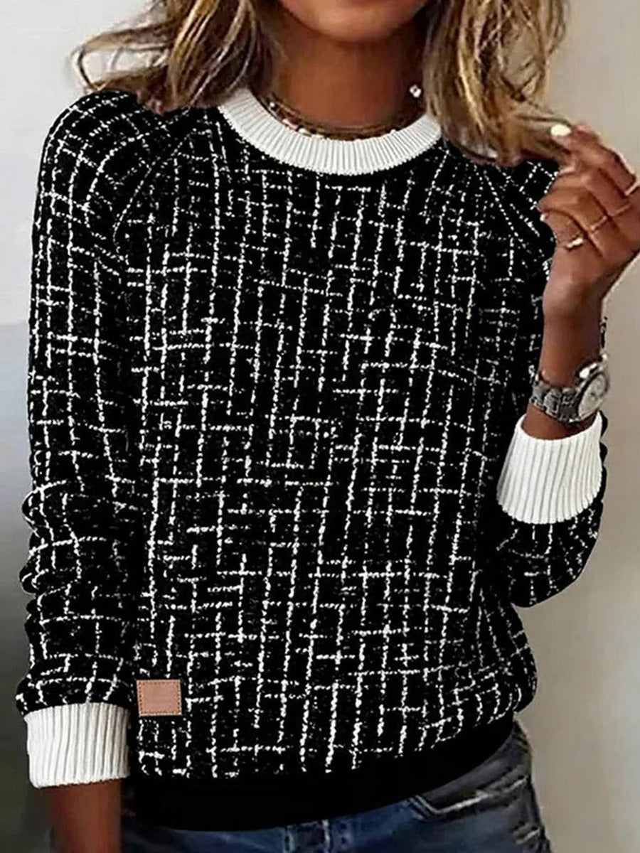 Round Neck Long Sleeve Checkered Sweater