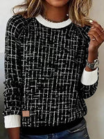 Round Neck Long Sleeve Checkered Sweater