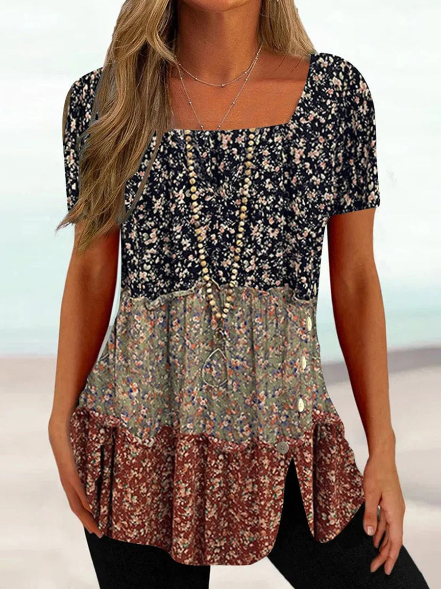 Women?ˉs Color Block Floral Print Square Neck Short Sleeve Tunic Top