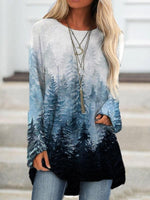 Loose Casual Round Neck Forest Printed Sweatshirt