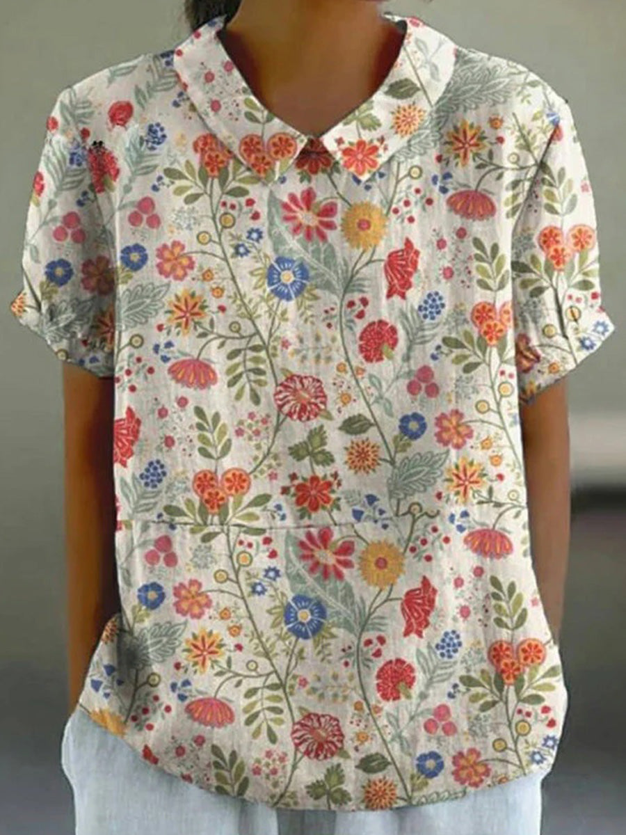 Vintage Floral Print Short Sleeve Blouse