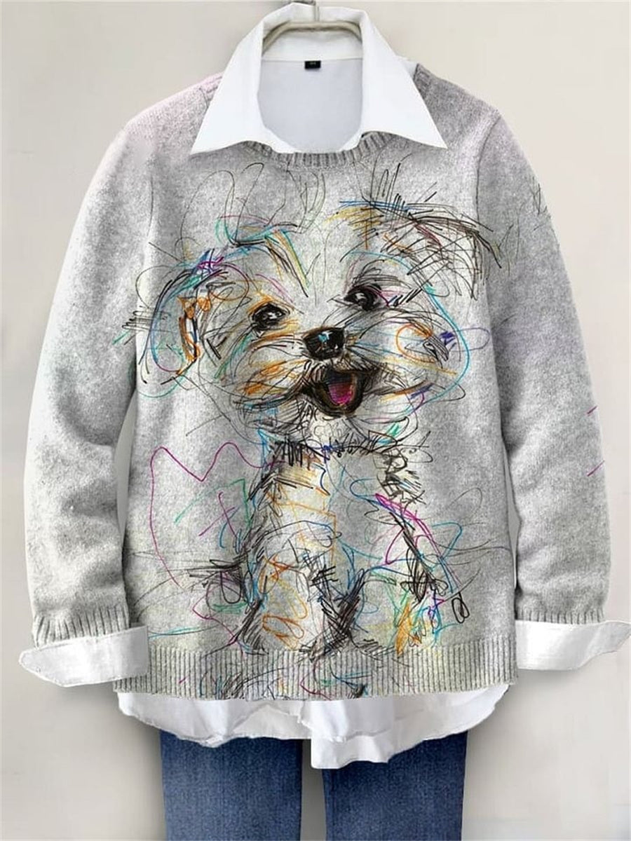 Cute Dog Hand-painted Print Round Neck Long Sleeve Comfy Sweater