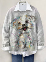 Cute Dog Hand-painted Print Round Neck Long Sleeve Comfy Sweater
