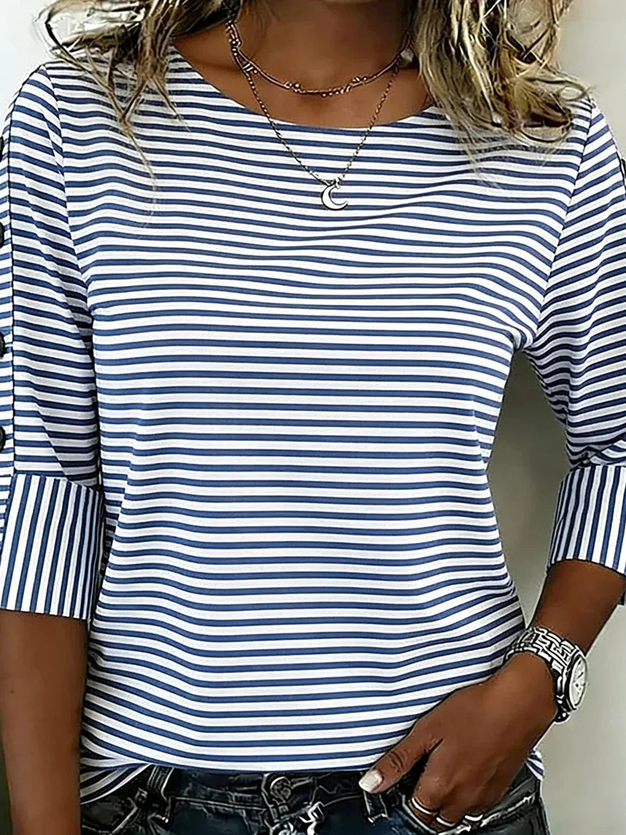 Nautical Striped Round Neck 3/4 Sleeve Top