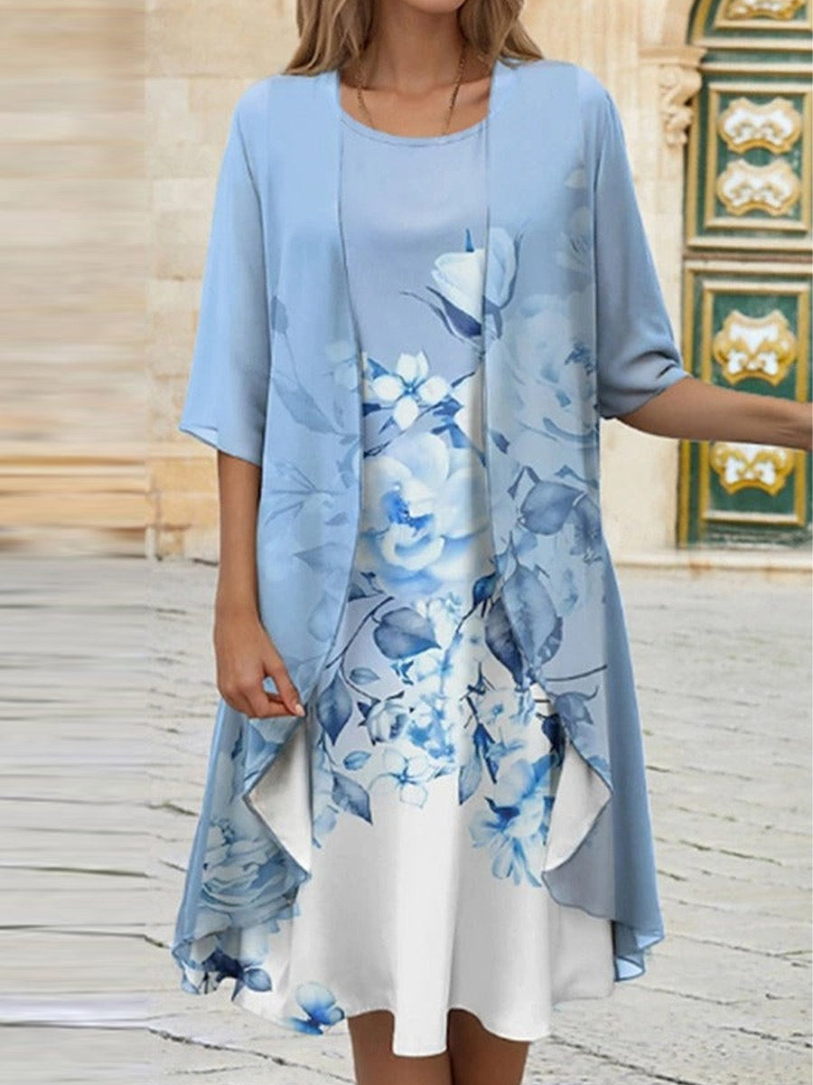 Floral Print Crew Neck Half Sleeve Two-Piece Dress