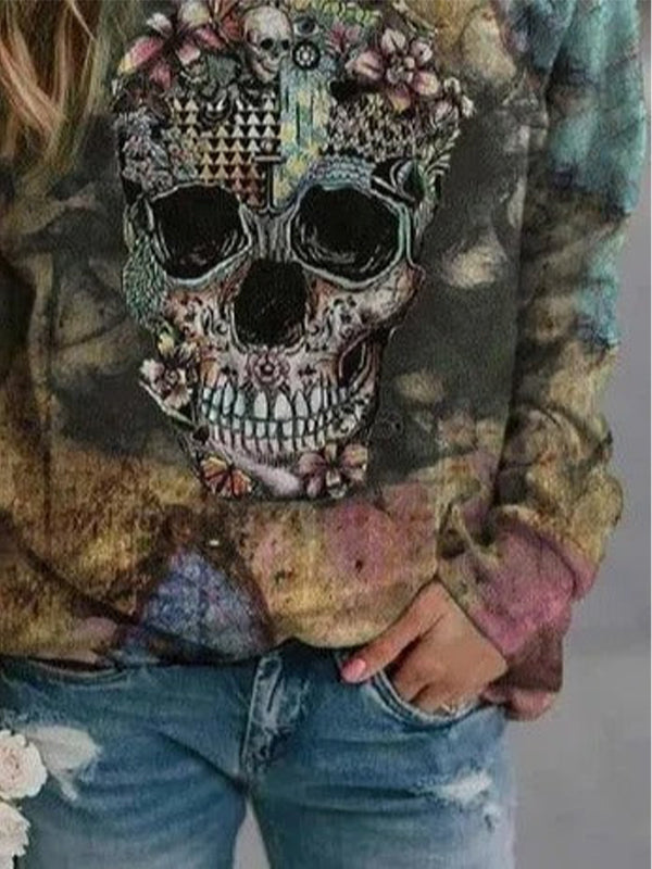 Casual Graphic Tops Round Neck Long Sleeve Skull Printed Sweatshirts