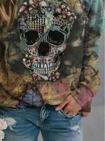 Casual Graphic Tops Round Neck Long Sleeve Skull Printed Sweatshirts