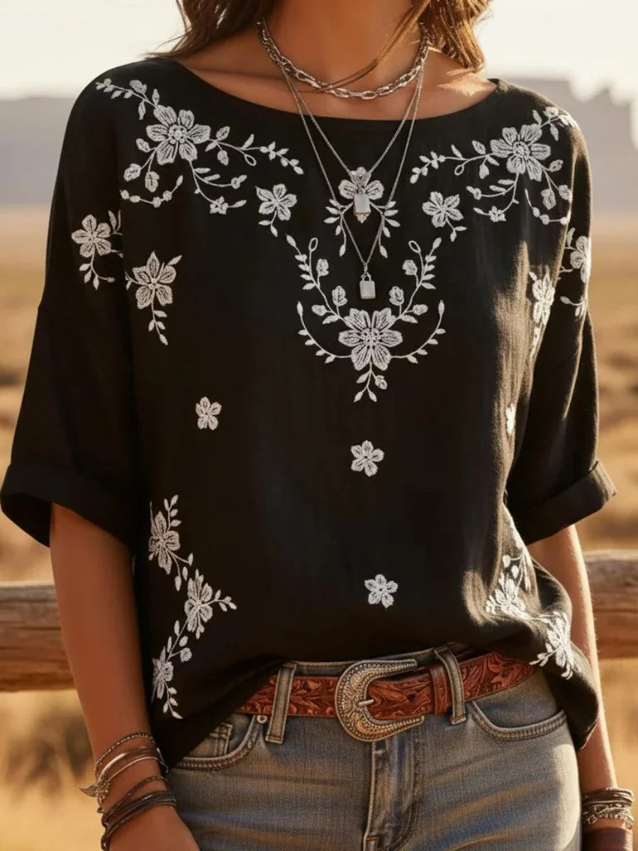 Black Floral Print Boat Neck Short Sleeve Western Blouse