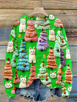 Christmas Tree Cute Cat Print Round Neck Long SleevePullover Sweater