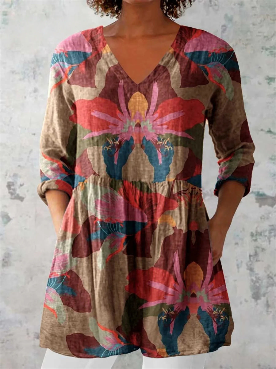 Women's Elegant Floral Print V-neck 3/4 Sleeve Top
