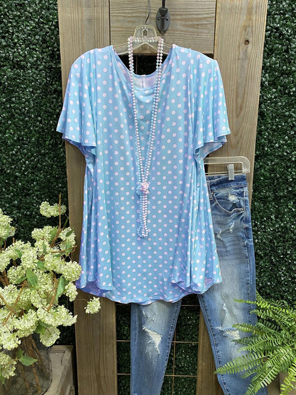 Polka Dot Ruffles Round Neck Short Sleeve Casual Blouse