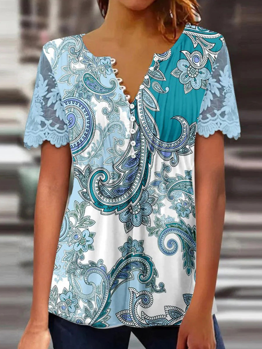 Paisley Print V-neck Short Sleeve Top
