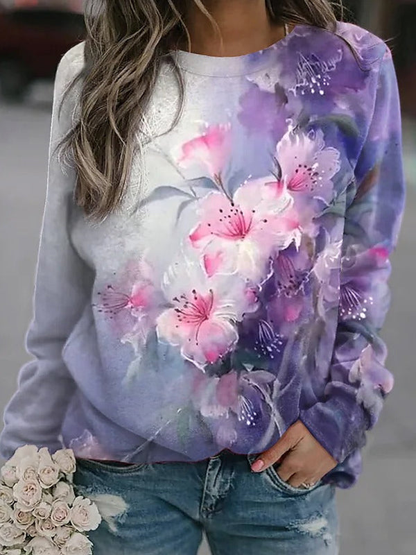 Purple Casual Graphic Tops Round Neck Long Sleeve Floral Printed Sweatshirt