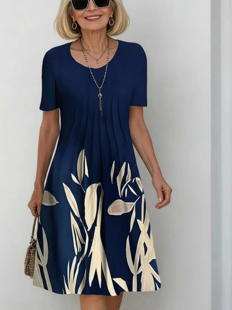 Navy Leaf Print Round Neck Short Sleeve Swing Dress