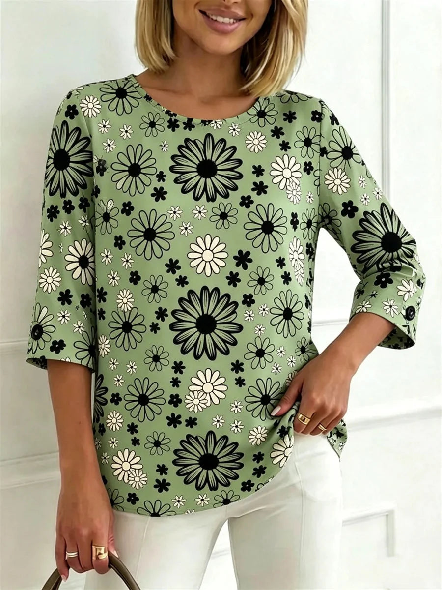 Green Floral Print Round Neck 3/4 Sleeve Casual Top