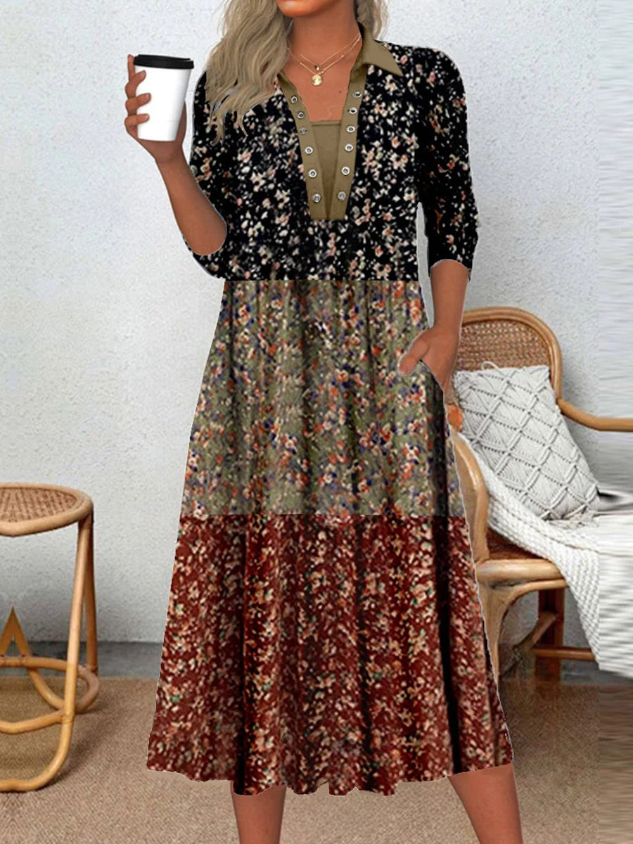 Women's Long Sleeve Scoop Neck Graphic Floral Printed Midi Dress