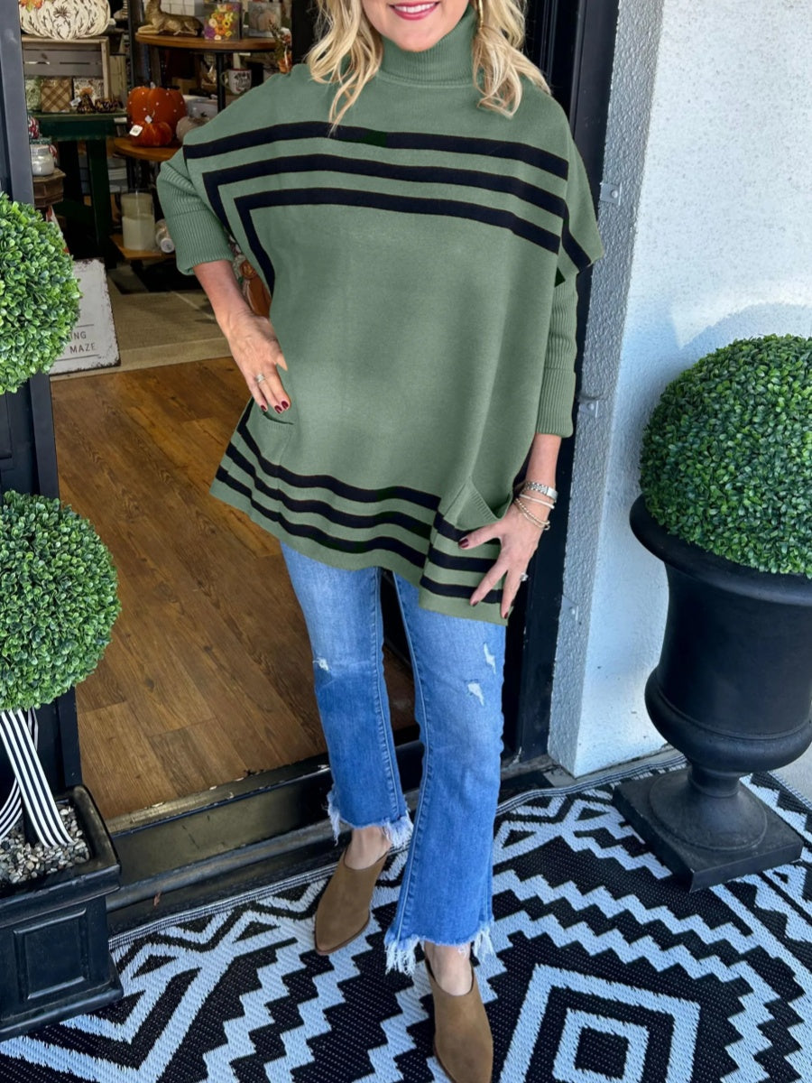Turtleneck bat sleeve striped sweater