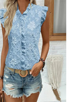 Light Blue Floral Print V-neck Ruffle Sleeveless Top