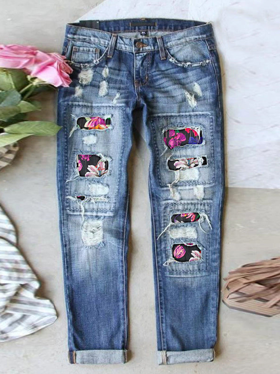 Stretch Ripped Frayed Raw Hem Distressed Jeans