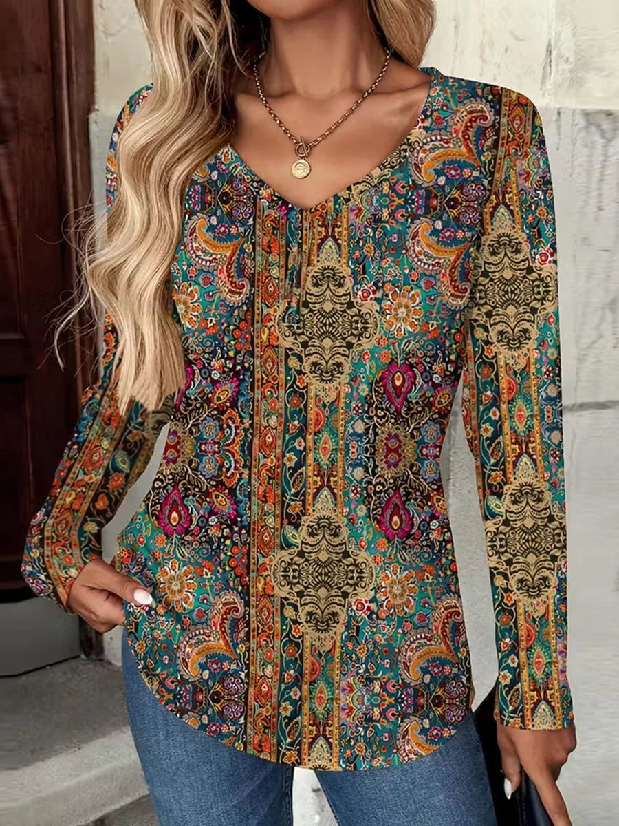 Special Bohemian Print V-neck Long Sleeve Top