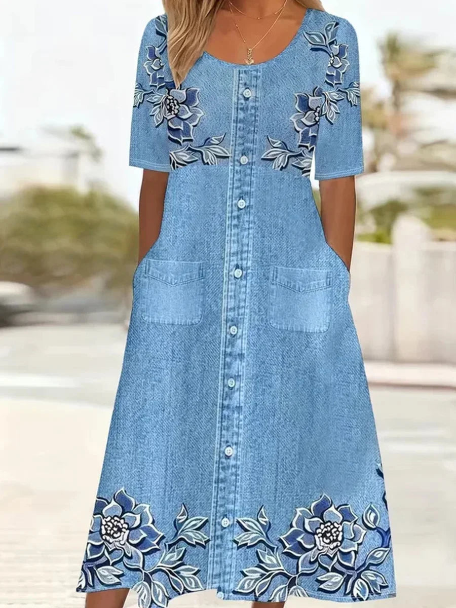 Floral Print Round Neck Short Sleeve H-Line Dress