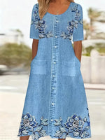 Floral Print Round Neck Short Sleeve H-Line Dress
