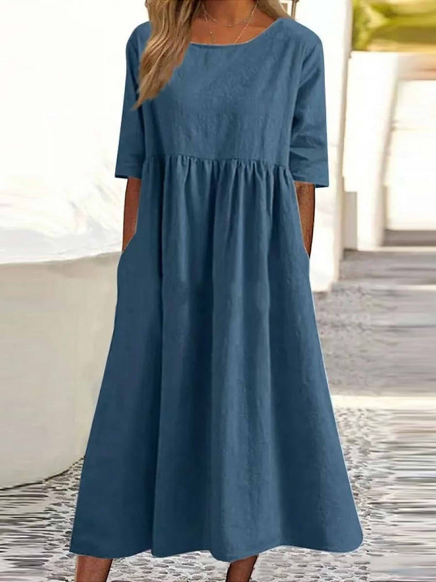 Round Neck Half Sleeve Cotton Loose Fit Midi Dress