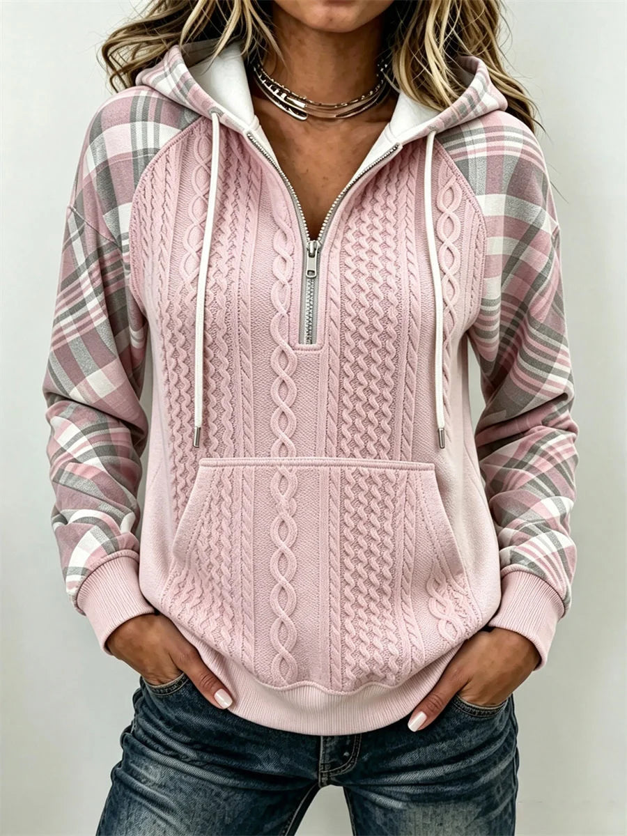 Vintage Plaid Half Open Collar Long Sleeve Sweatshirt