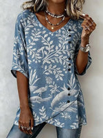 Blue Tree Bird Print V Neck 3/4 Sleeve Asym Side Button Tunic Blouse