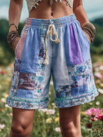 Women's Patchwork Floral Contrast Waist Drawstring Pocket Shorts