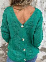Green Plain V-neck Long Sleeve Sweater