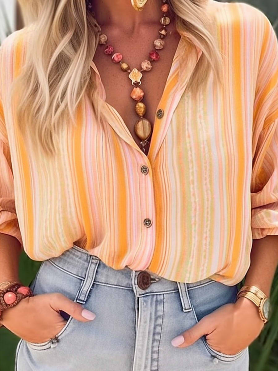 Casual Shirt Collar Long Sleeve Striped Button Blouse