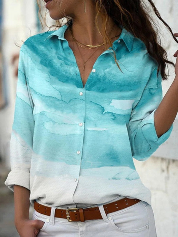 Blue Casual Graphic Tops Collar Long Sleeve Beach Printed Blouse