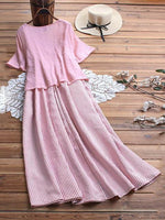 Short Sleeve Round Neck Plaid Casual Summer Two Piece Maxi Dress