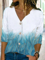 Blue Casual V Neck Leaves Printed Long Sleeve Blouse