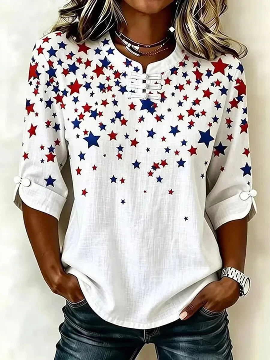 Patriotic Star Print Split-Neck 3/4 Sleeve Casual Top