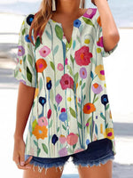 Romantic V-neck Short Sleeve Floral Print Top