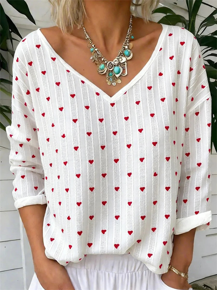 Vintage Heart Print V Neck Long Sleeve T-shirt