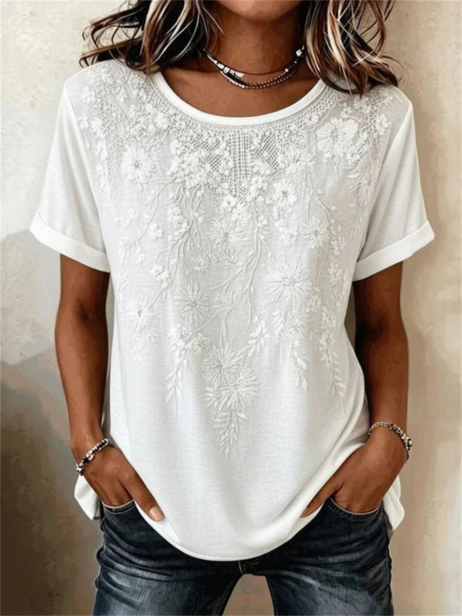 Vintage Floral Print Round Neck Short Sleeve Blouse