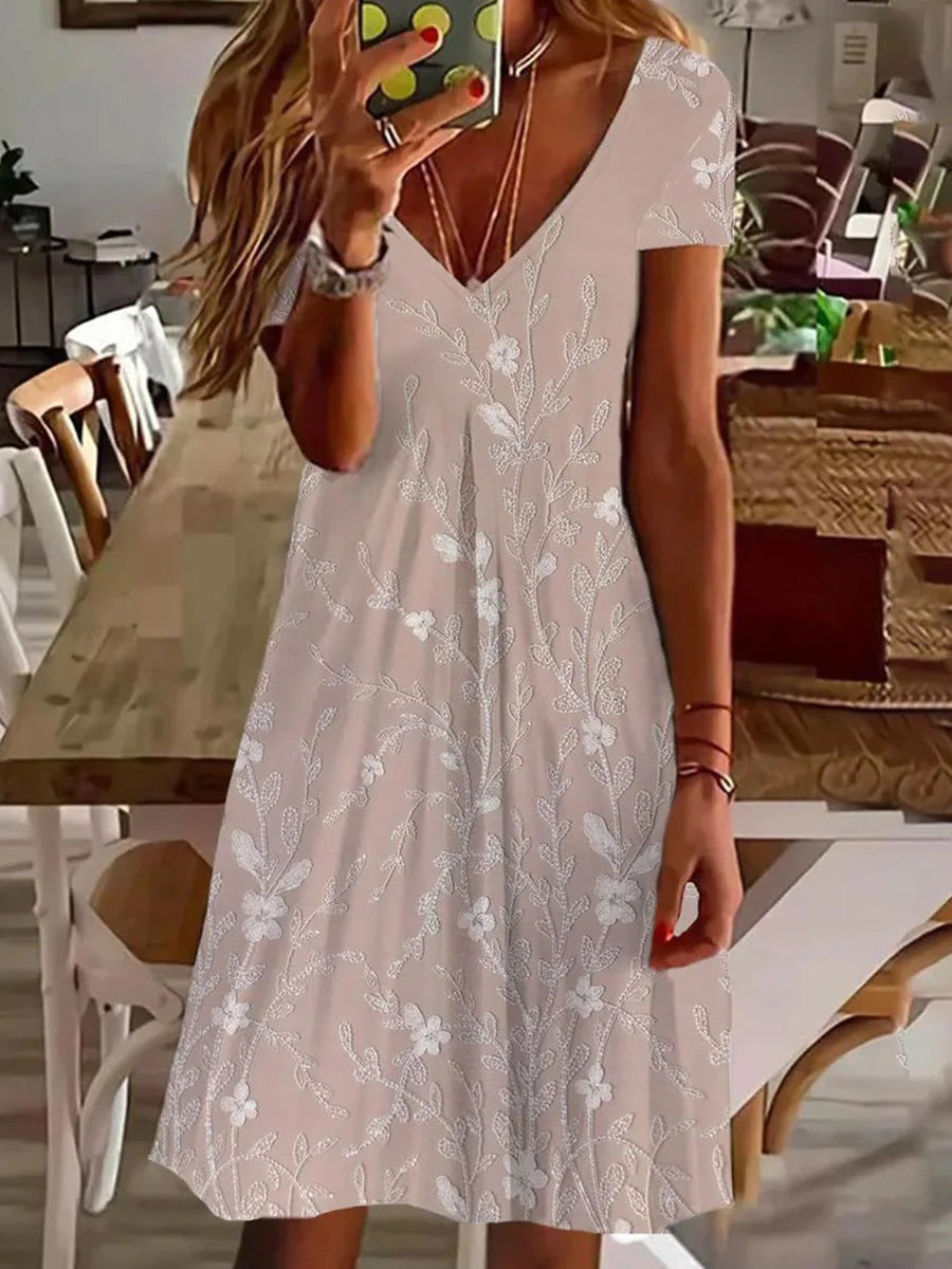 Pink V-neck Short Sleeve Mini Dress